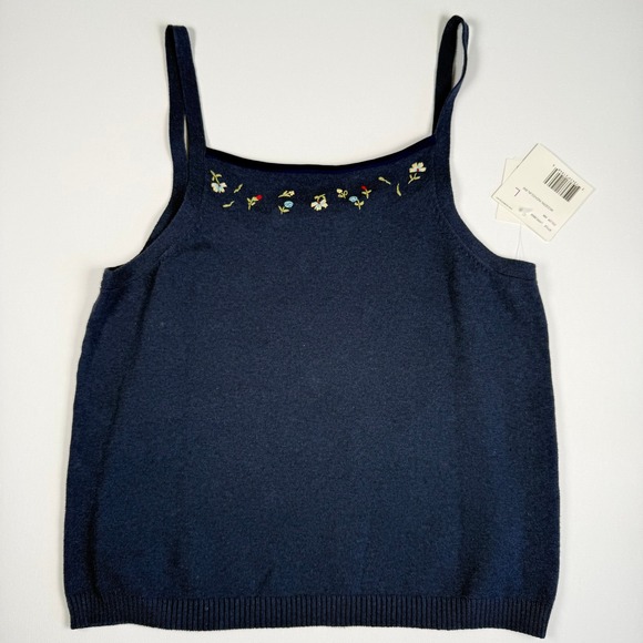 Liz Claiborne Navy‎ Blue Embroidered Floral Velvet Trim Knit Tank Top Women's L - Picture 3 of 12